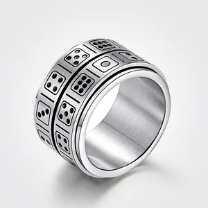 Vintage Stainless Steel Dice Pattern Spinner Ring For Men Retro Rotatable Stress Relief Jewelry Punk Wide Band Ring Gift
