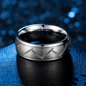 Brushed silver stainless steel ring for men with geometric V-shaped engraved textures