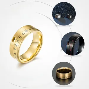 Vue détaillée de la bague alphabet rotative avec texture en métal brossé et fenêtre