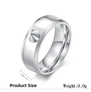 Macro detail of silver stainless steel spike ring showing 8mm width and 9.0g weight specifications