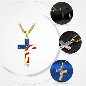 Détails des colliers croix drapeau américain en acier inoxydable or, argent et noir
