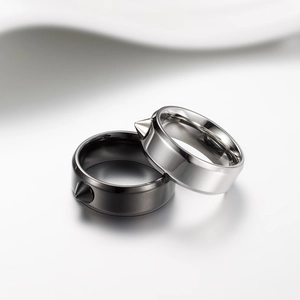 Punk style stainless steel spiked rings in black and silver finish on white background