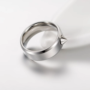 Silver stainless steel punk ring with sharp cone spikes and matte finish on white background