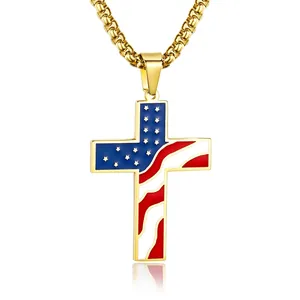 Collier Pendentif Croix Drapeau Américain en Acier Inoxydable pour Hommes Or Argent Noir Étoiles Et Rayures Bijoux Hip Hop