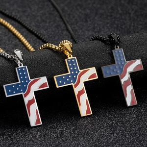 Pendentifs croix drapeau américain en acier inoxydable, finitions or, argent et noir
