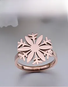 Close-up of elegant rose gold snowflake ring with geometric laser cut patterns