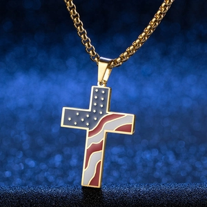 Collier croix en acier inoxydable doré avec drapeau américain et chaîne vénitienne