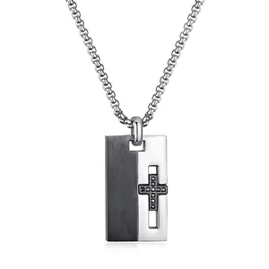 Industrial Two Tone Stainless Steel Cross Pendant Necklace Hip Hop Black Zirconia Inlaid Rectangular Tag Jewelry For Men