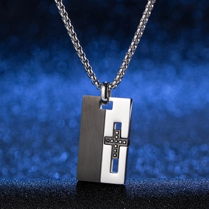 Hip hop titanium steel necklace featuring a silver and black cross pendant with black zircon