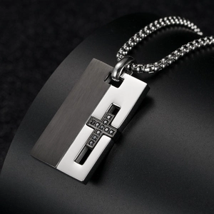 Titanium steel cross pendant necklace with black cubic zirconia and two-tone finish