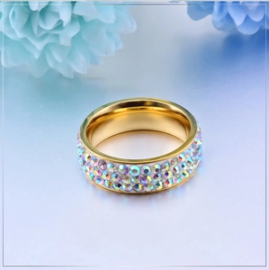 Bague élégante en acier inoxydable plaqué or 18 carats avec doubles strass AB arc-en-ciel