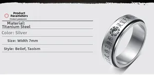 Détail d'une bague rotative de 7 mm en argent avec Tai Chi et écritures taoïstes