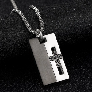 Hip hop titanium steel necklace with cross pendant and crystal inlay on brushed metal