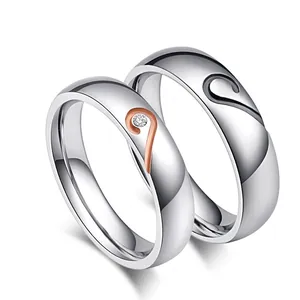 Heart Puzzle Matching Rings For Couples Stainless Steel Inlaid Zircon Minimalist Romantic Band Rings Anniversary Jewelry Gift