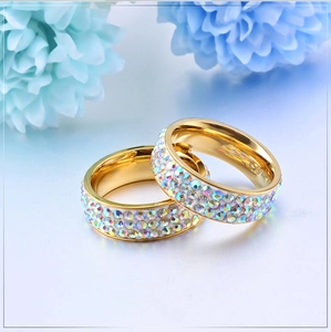Bague double en acier inoxydable plaqué or 18 carats avec strass en cristal AB irisé