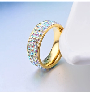 Vue détaillée d'une bague dorée 18 carats avec trois rangées de strass arc-en-ciel