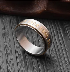 Gros plan de la bague rotative en acier inoxydable avec gravure dorée des quatre icônes