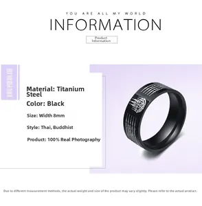 Detailed view of 8MM black titanium steel ring with Thai Buddhist scripture engraving