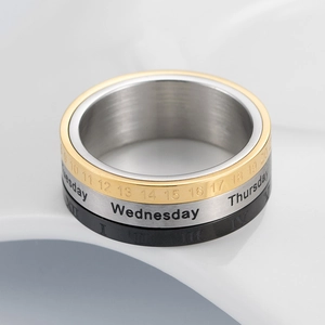 Macro shot of three-layer rotating spinner ring with Roman numerals and golden finish