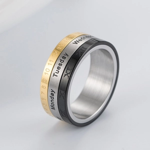 Macro view showing triple rotating layers of stainless steel calendar ring with Roman numerals