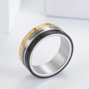 Macro detail of rotating stainless steel calendar ring with Roman numerals and weekdays