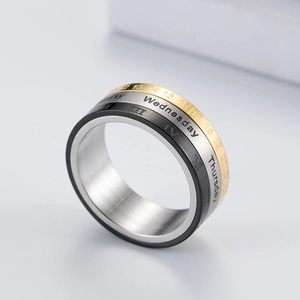Macro shot of 18K gold spinner ring with Roman numerals and day of the week details