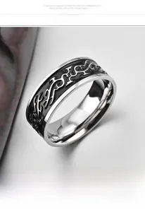 Detailed macro view of men's dragon totem ring with polished silver steel edges