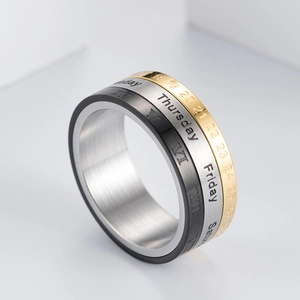 Macro detail of tricolor titanium steel calendar ring with Roman numerals and date engravings