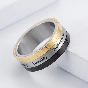 Close-up of three-tone spinning calendar ring with Roman numerals and weekdays detail