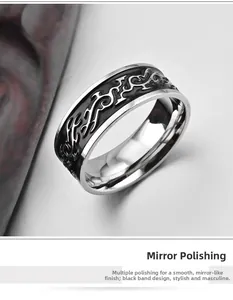 Detail of mirror polished titanium steel men's ring with black flame dragon pattern