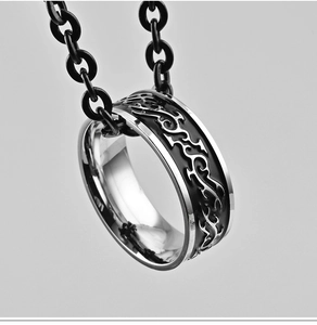 Men's titanium steel dragon totem ring pendant with a black link chain necklace