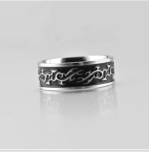 Men's titanium steel dragon ring with black enamel inlay and polished silver totem design