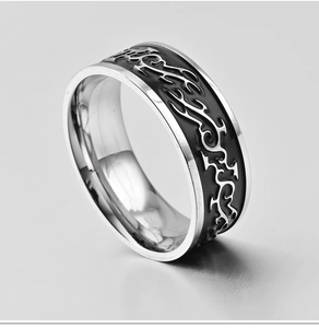 Polished stainless steel dragon pattern men's ring with black enamel finish