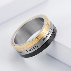 Three-layer rotating calendar ring in gold silver and black stainless steel for men