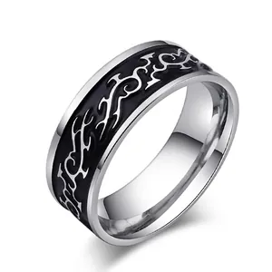 Vintage Chinese Dragon Pattern Stainless Steel Ring For Men Punk Hip Hop Mirror Polished Enamel Finger Ring Jewelry