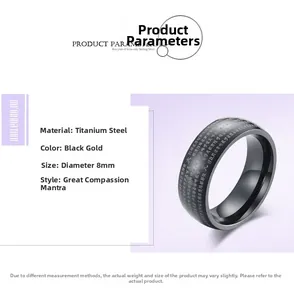 Macro detail of black gold titanium steel ring with laser-engraved Great Compassion Mantra