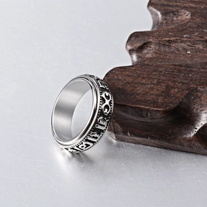 Vintage stainless steel spinning ring with engraved religious mantras and matte finish