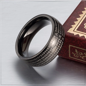 Polished titanium steel ring for men featuring micro-engraved Buddhist scripture