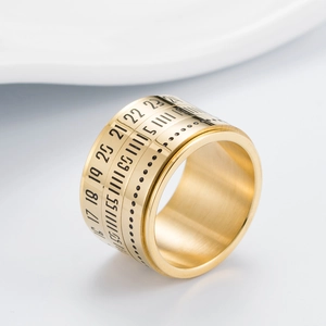 Anillo giratorio de acero inoxidable dorado cepillado con números árabes para hombre y mujer