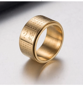 Buddhist Heart Sutra spinning ring in gold finish, stainless steel rotatable jewelry band