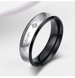 Bague de couple Forever Love en acier inoxydable argent et noir avec petit diamant serti