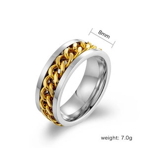 Detail view of 8mm stainless steel bottle opener ring with golden Cuban link chain inlay