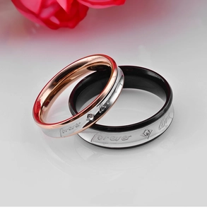 Bagues de couple Forever Love en acier inoxydable avec diamants et or rose