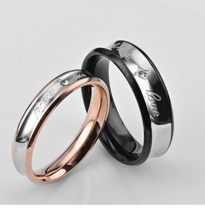 Bagues de couple Forever Love bicolores avec zircon étincelant et finition acier inoxydable