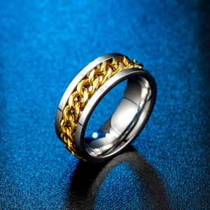 Hip hop titanium steel spinner ring with golden Cuban chain center and silver edges