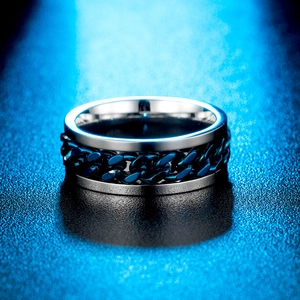 Titanium steel ring with blue chain inlay and polished silver finish for hip hop style