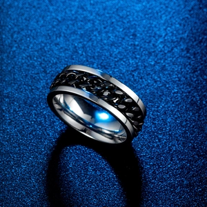 Polished silver stainless steel ring with black chain inlay for men and women