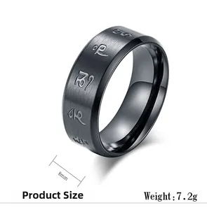 Detail of 8mm wide black stainless steel ring with engraved religious mantra script