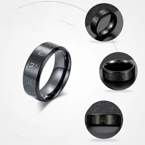 Detail view of black brushed metal ring featuring engraved Tibetan Buddhist mantras