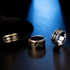 Rotating stainless steel Freemason rings for men in gold, silver, and two-tone finishes